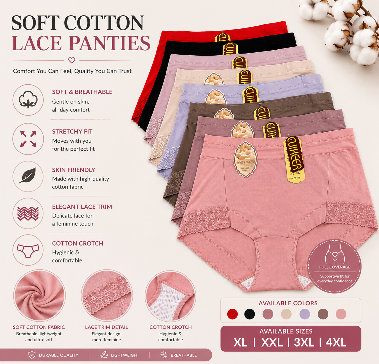 Plus Size Cotton Lace Panties (Pack of 3)
