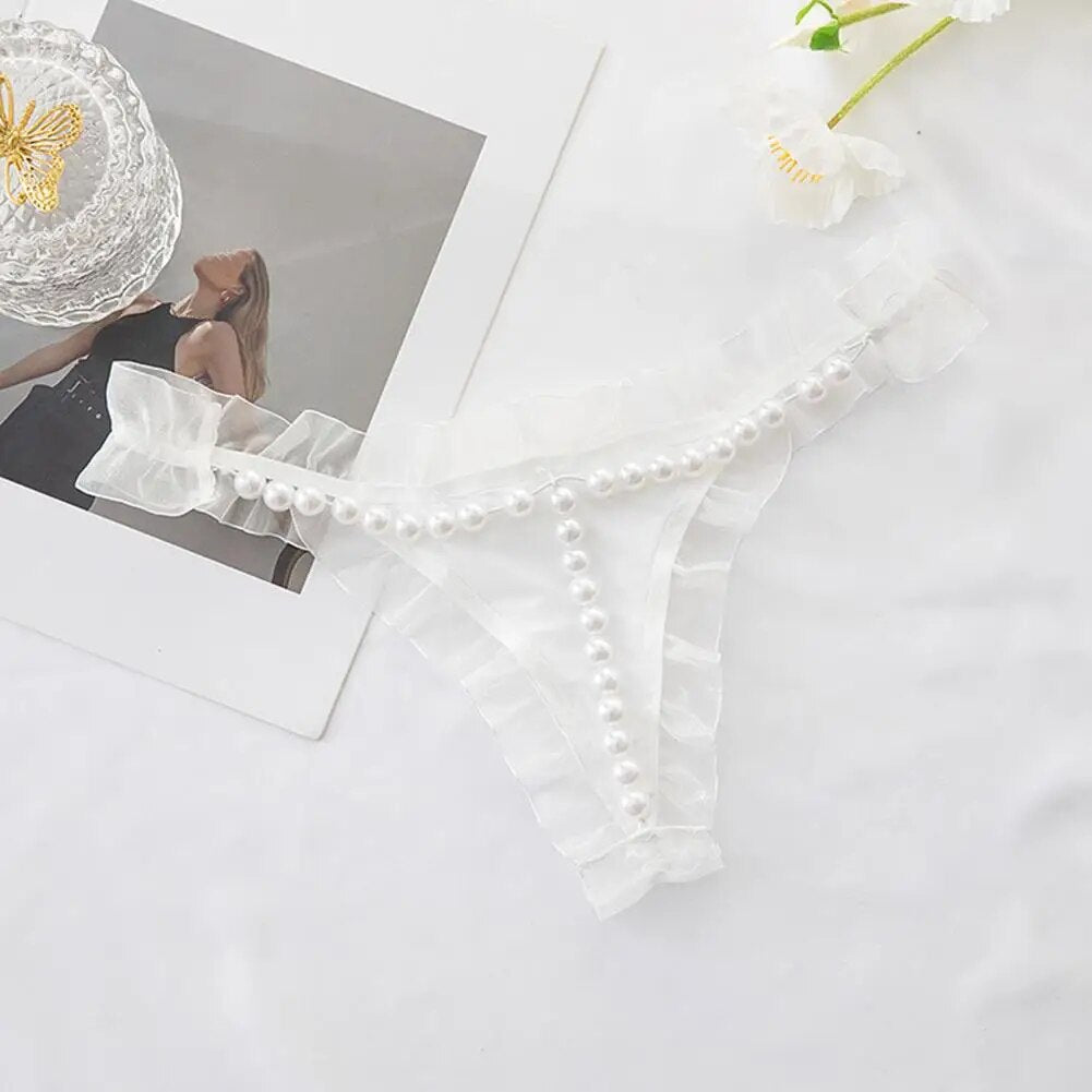 Sexy Lace Thong with Faux Pearl Decor Open Crotch Low Waist Hot Lady G-string Panties (Pack of 3)