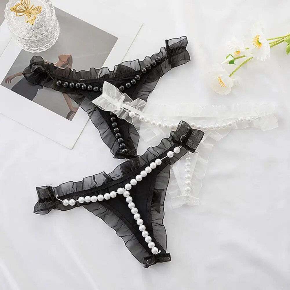Sexy Lace Thong with Faux Pearl Decor Open Crotch Low Waist Hot Lady G-string Panties (Pack of 3)