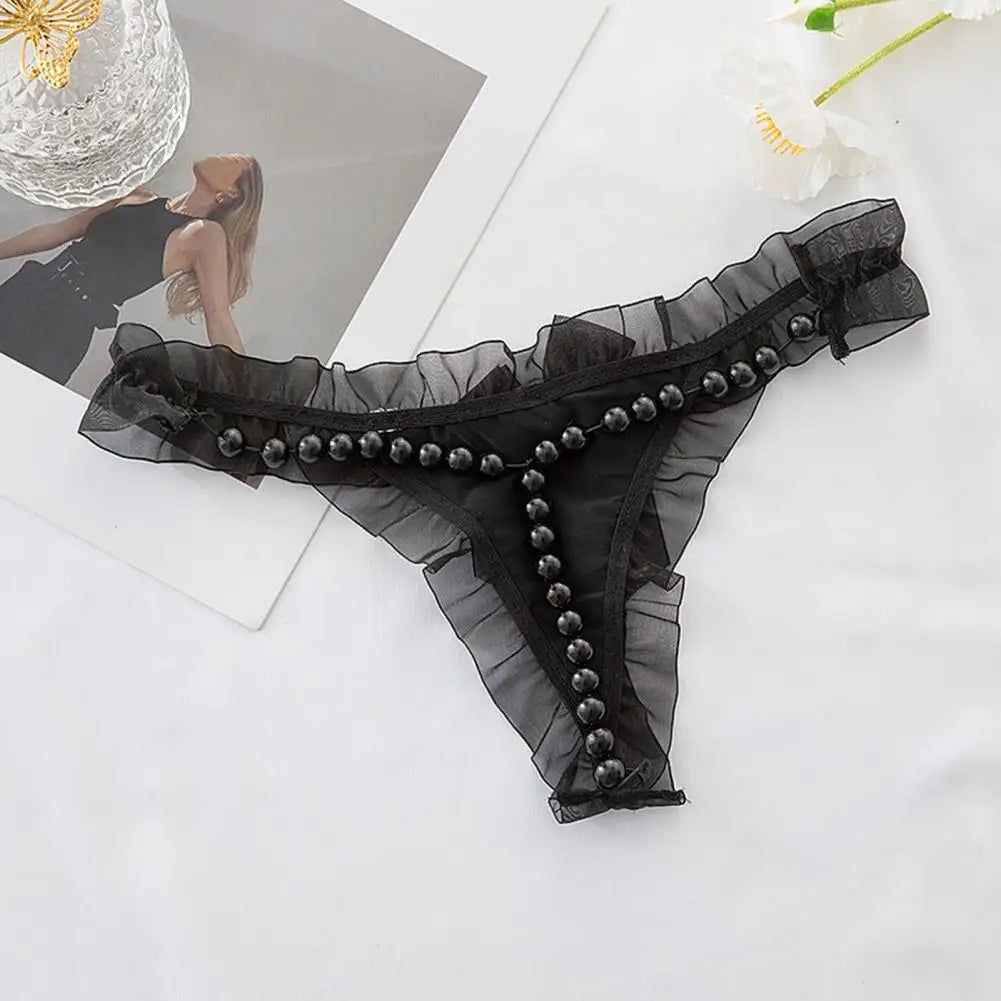 Sexy Lace Thong with Faux Pearl Decor Open Crotch Low Waist Hot Lady G-string Panties (Pack of 3)