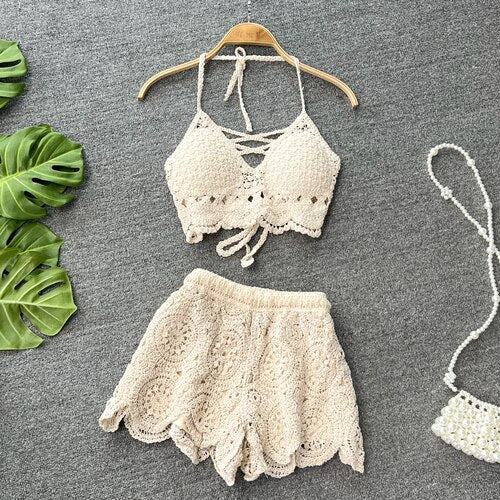 Backless premium Crochet Bikini Top and short set