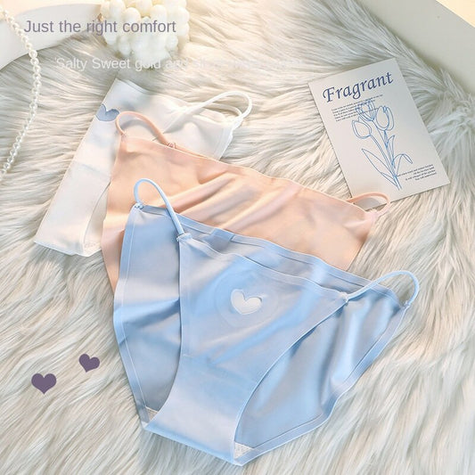 Ice Silk Briefs Girl Cute Love Panties Mid Waist Seamless Comfort(Pack of 3)