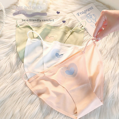Ice Silk Briefs Girl Cute Love Panties Mid Waist Seamless Comfort(Pack of 3)