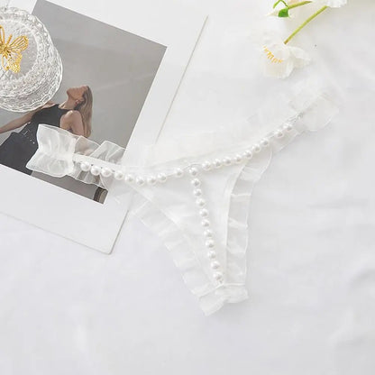 Sexy  Lace Thong with Faux Pearl Decor Open Crotch Low Waist Hot Lady G-string Panties (Pack of 3)